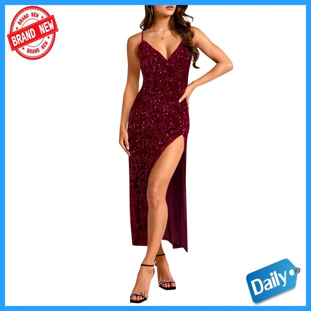Sparkly Sequin Maxi Dress V Neck Spaghetti Straps High Slit Formal Party Wear